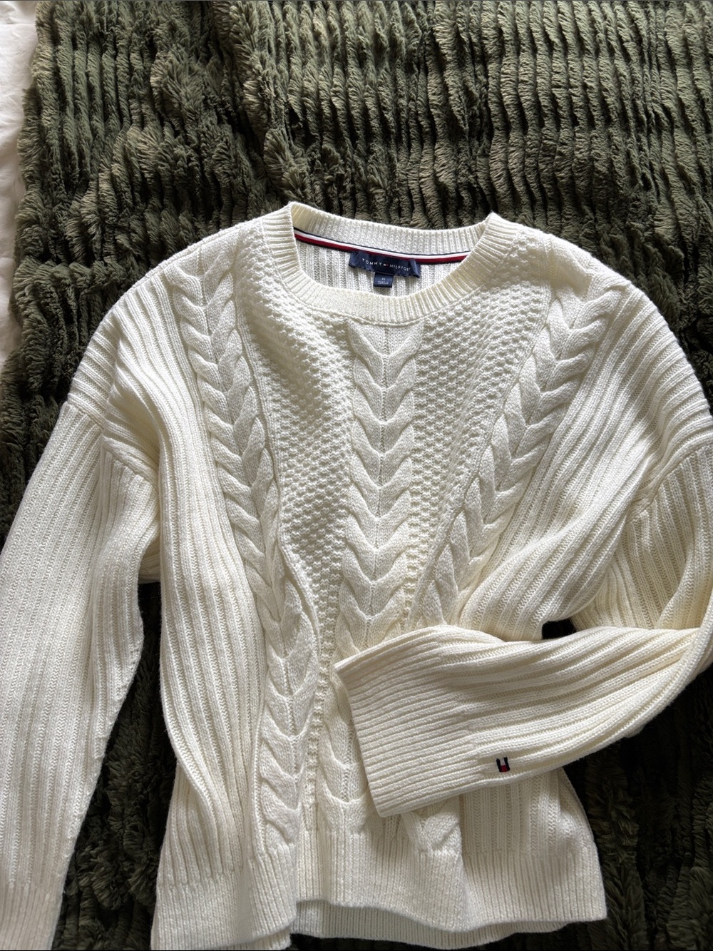 Tommy Hilfiger Cream Cable Knit Crewneck Sweater